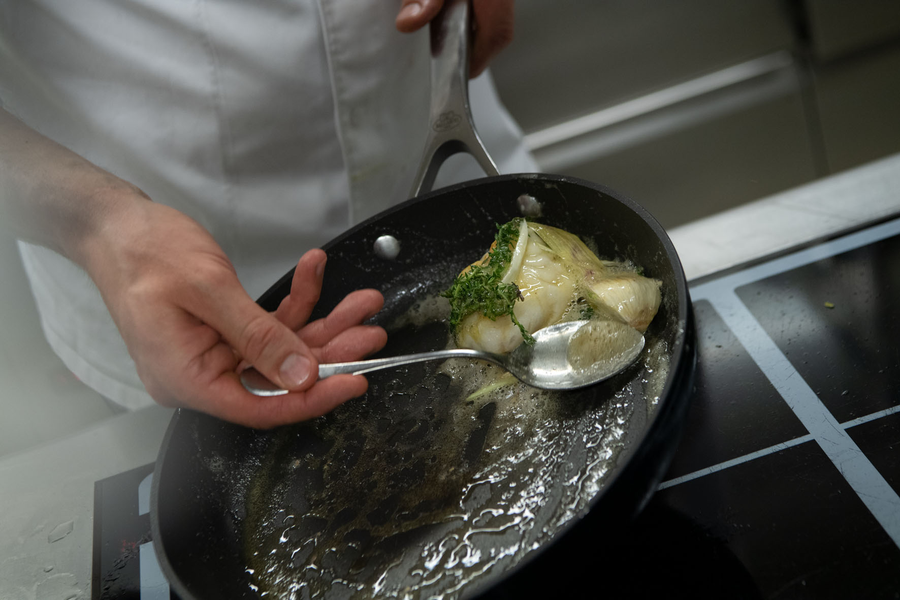 SW34 Open Kitchen: Koch schwenkt Fisch mit Kräutern und Fenchel in der Pfanne